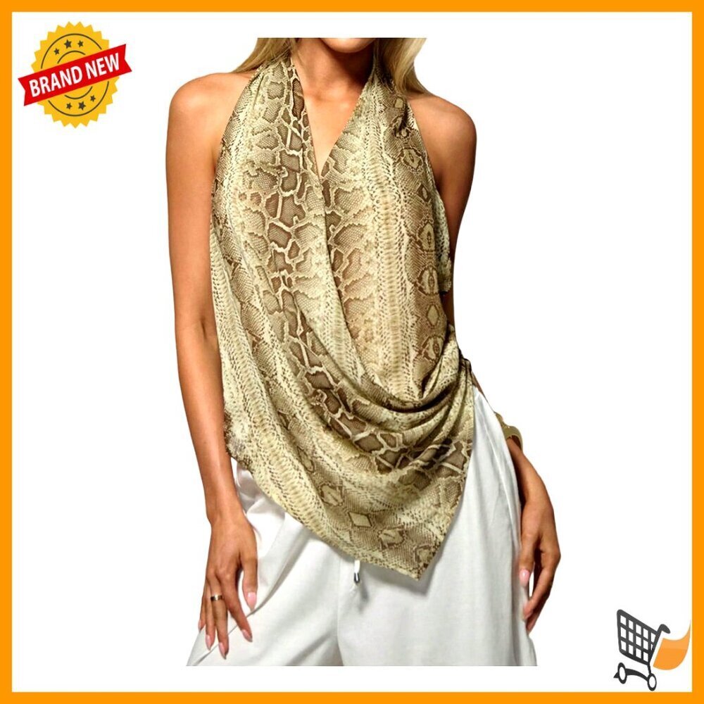 Y2K Animal Print Halter Top Tie Backless Drape Neck Sexy Club Date Night